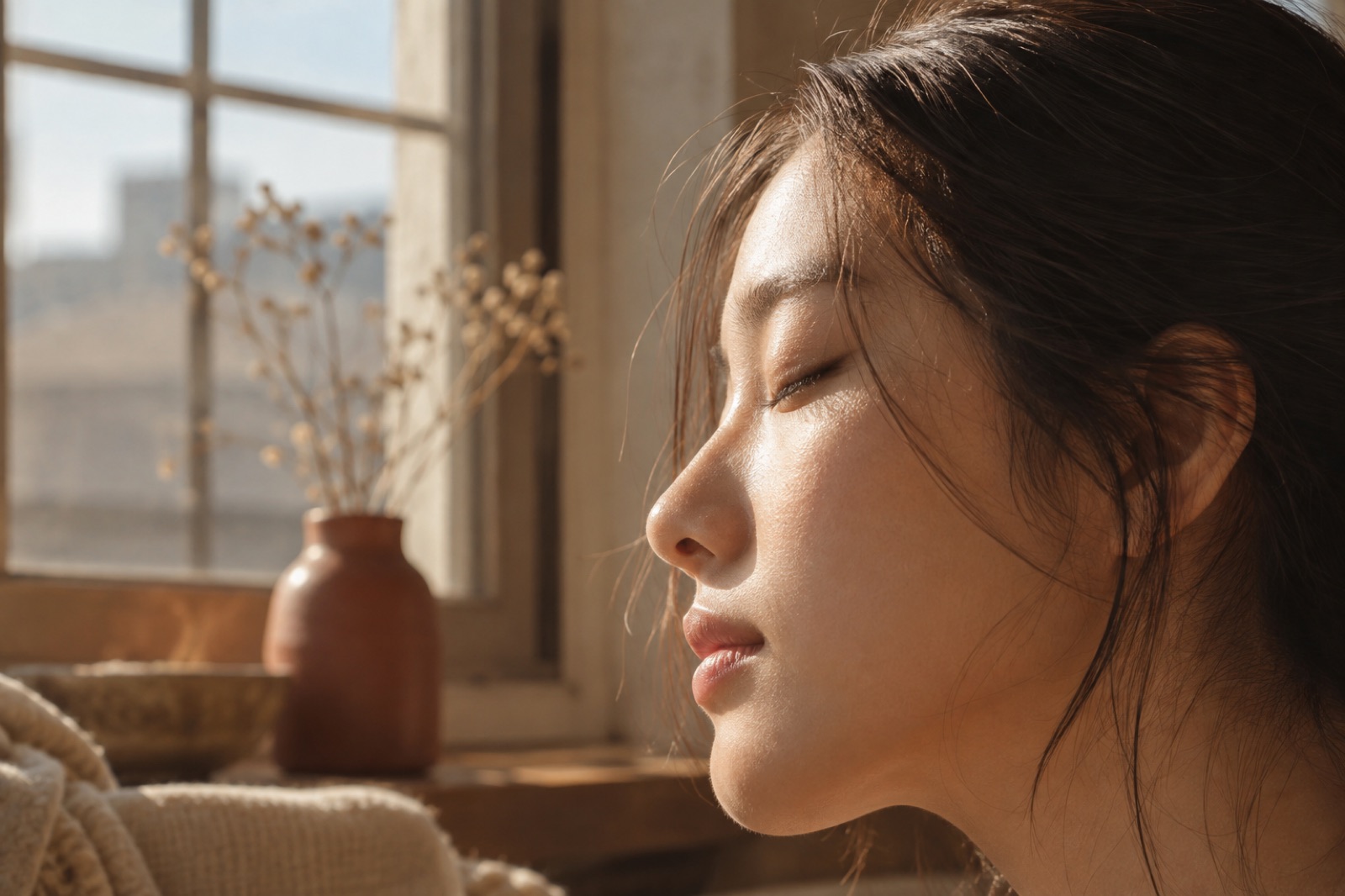 창가 자연광이 이마·볼·턱선을 따라 비치는 옆얼굴