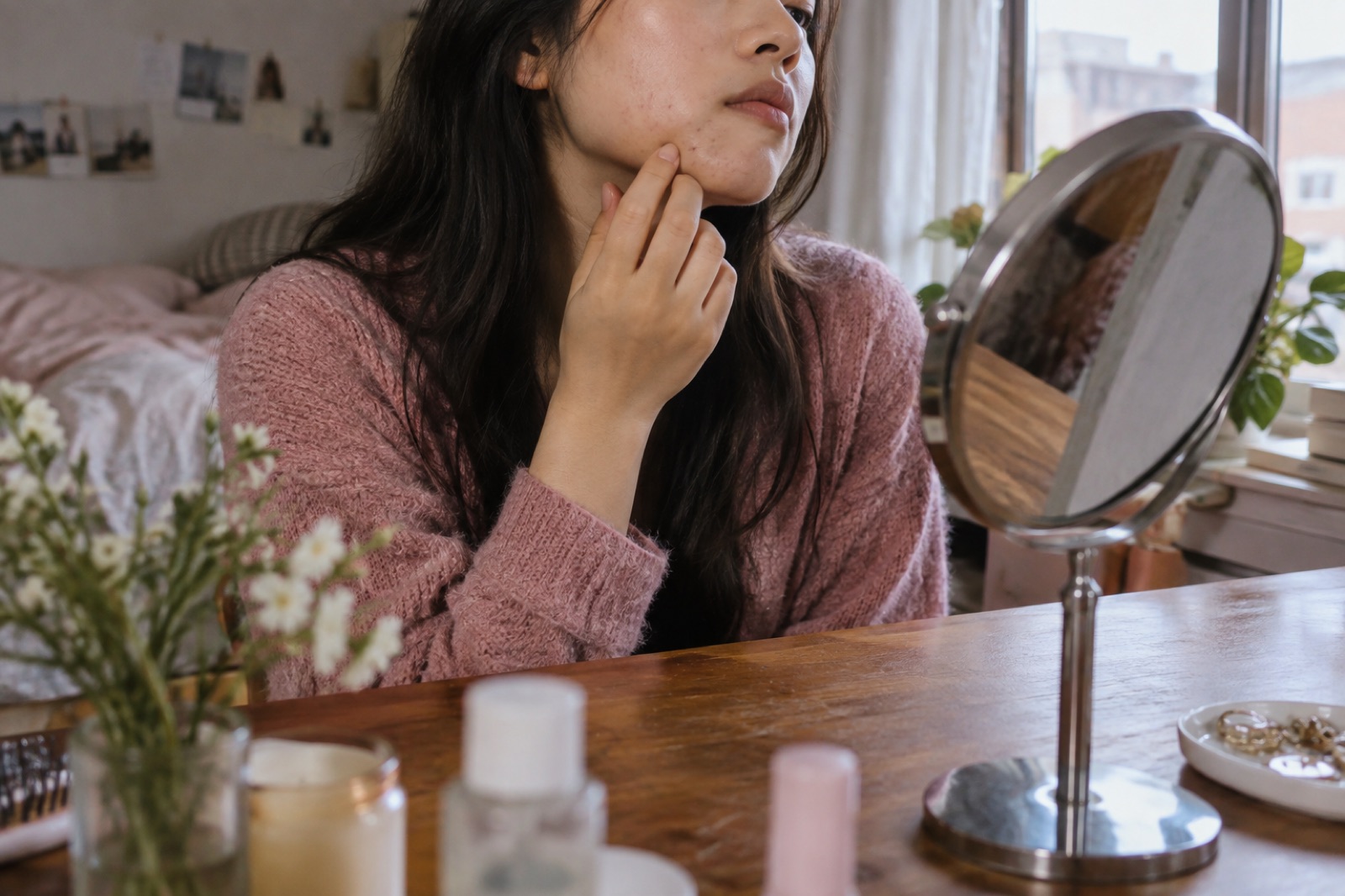 창가 화장대 앞에서 턱과 볼의 작은 좁쌀을 비춰 보는 20대 여성