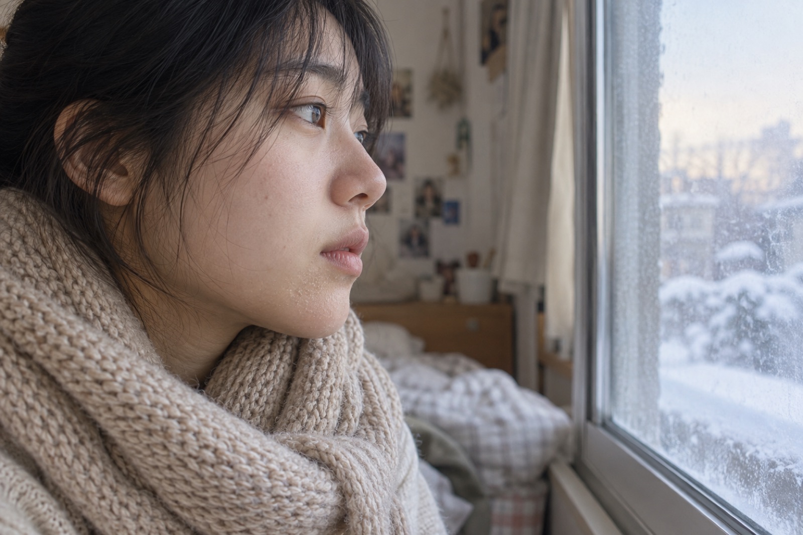 겨울 아침 창가에서 턱과 입가의 건조한 피부결이 보이는 옆얼굴