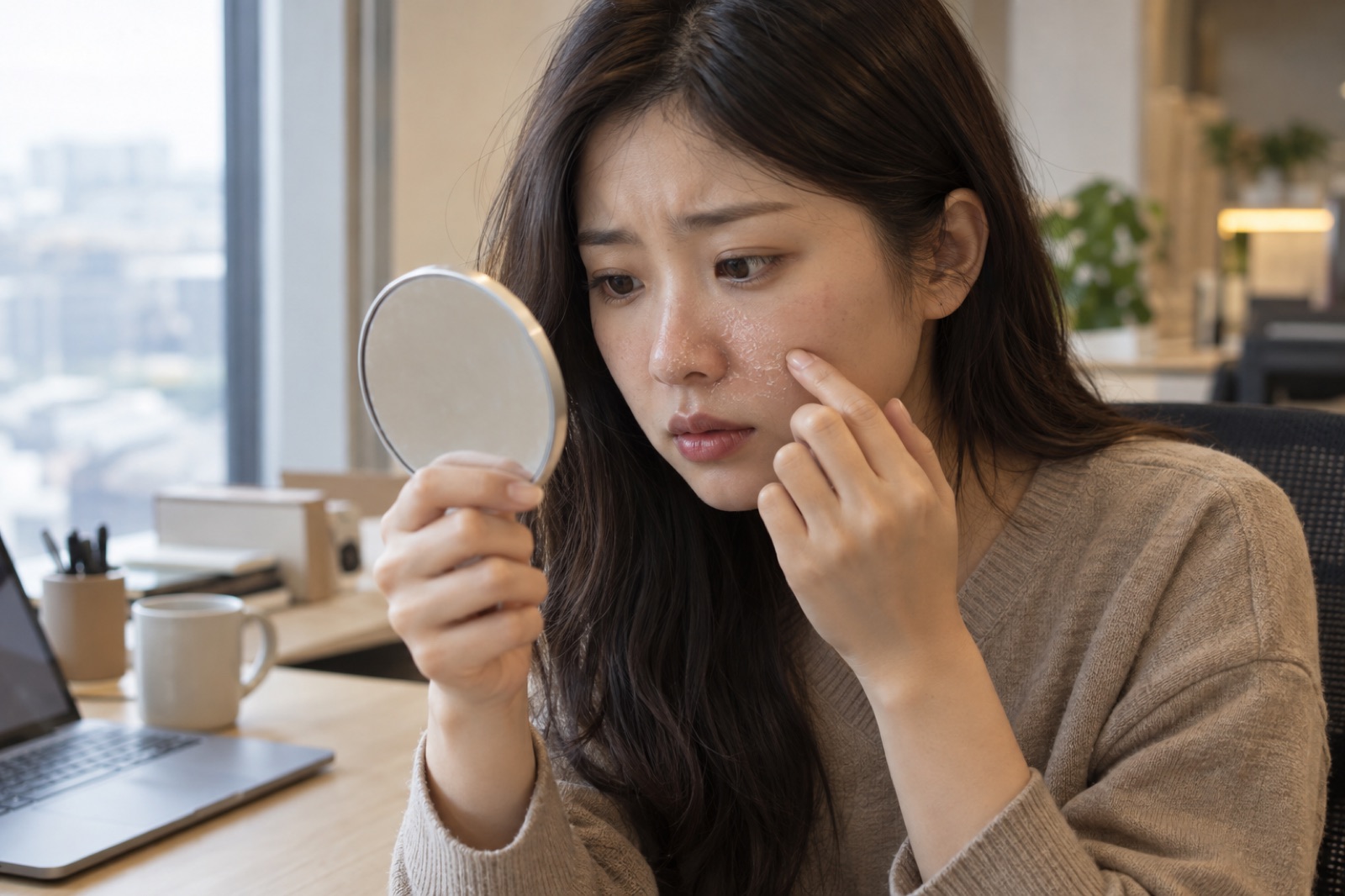 사무실 책상에서 손거울로 코 옆 각질을 살피는 여성