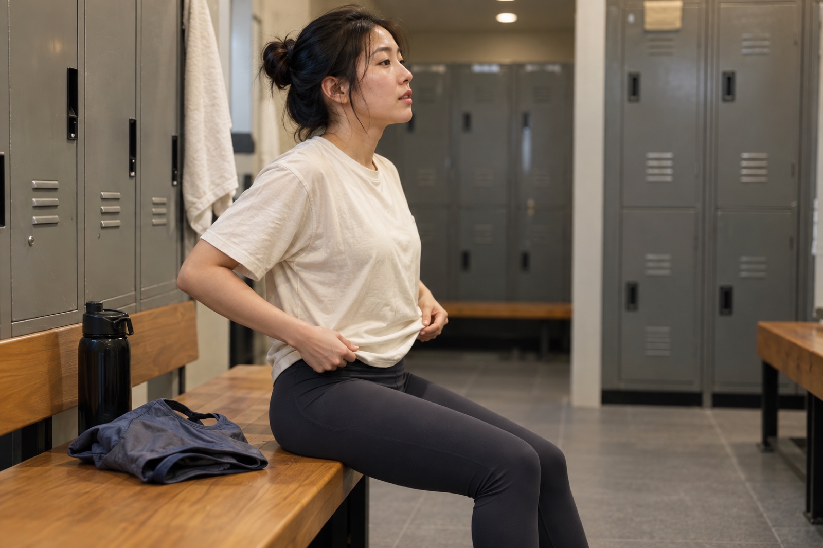 헬스장 탈의실에서 운동 뒤 헐렁한 면 티셔츠로 갈아입는 20대 여성