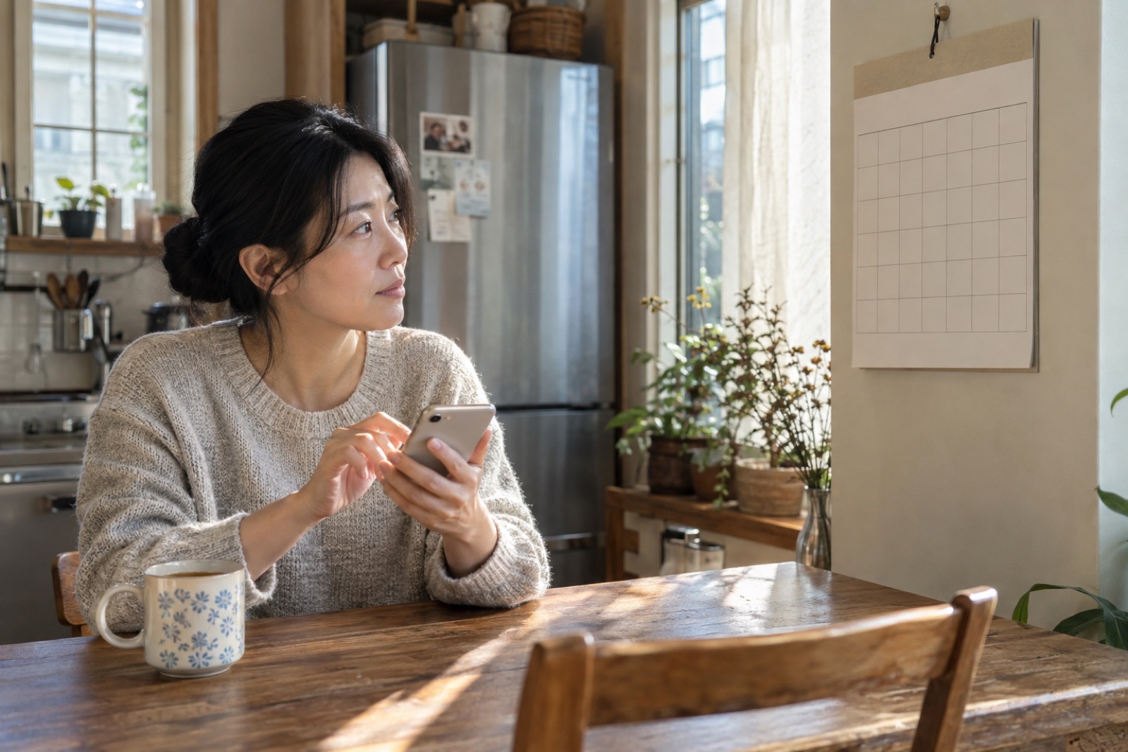 부엌 식탁에서 벽 달력을 보며 휴대폰에 메모하는 30대 여성