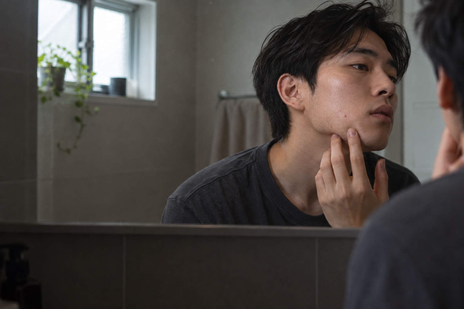 욕실 거울 앞, 모공과 작은 좁쌀이 보이는 20대 남성의 볼과 턱선