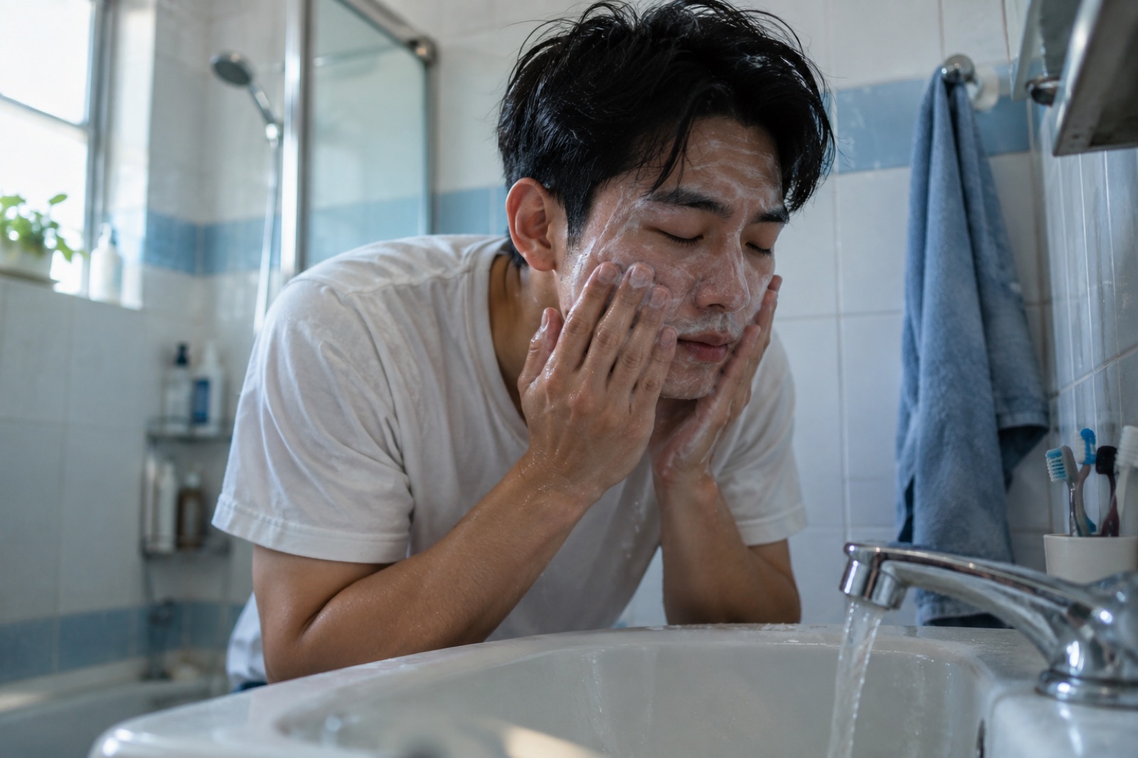 아침 욕실 세면대에서 미지근한 물로 손가락 세안을 하는 20대 남성