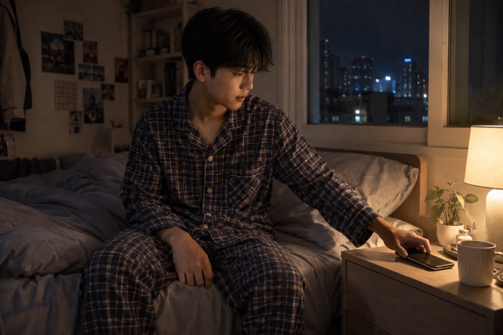 창가 침대 옆 협탁에 휴대폰을 엎어 두고 잘 준비를 하는 10대 남학생