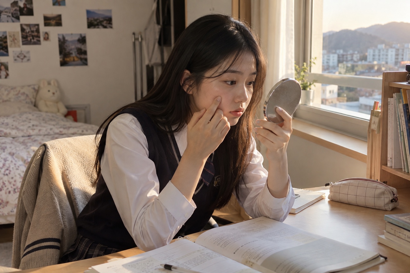 책상에서 손거울로 뺨을 살펴보는 교복 차림 10대 여학생
