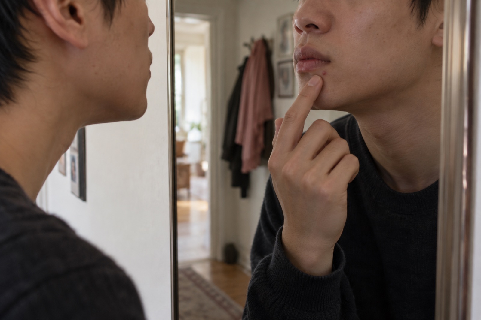 거울 앞에서 아랫입술 아래 작은 붉은 돌기를 살피는 20대 남성
