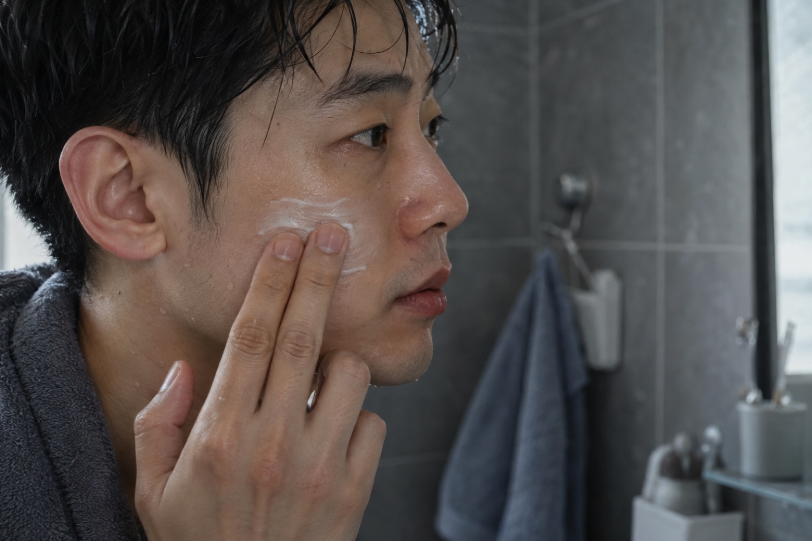 세안 직후 물기가 남은 볼에 크림을 두드려 바르는 30대 남성