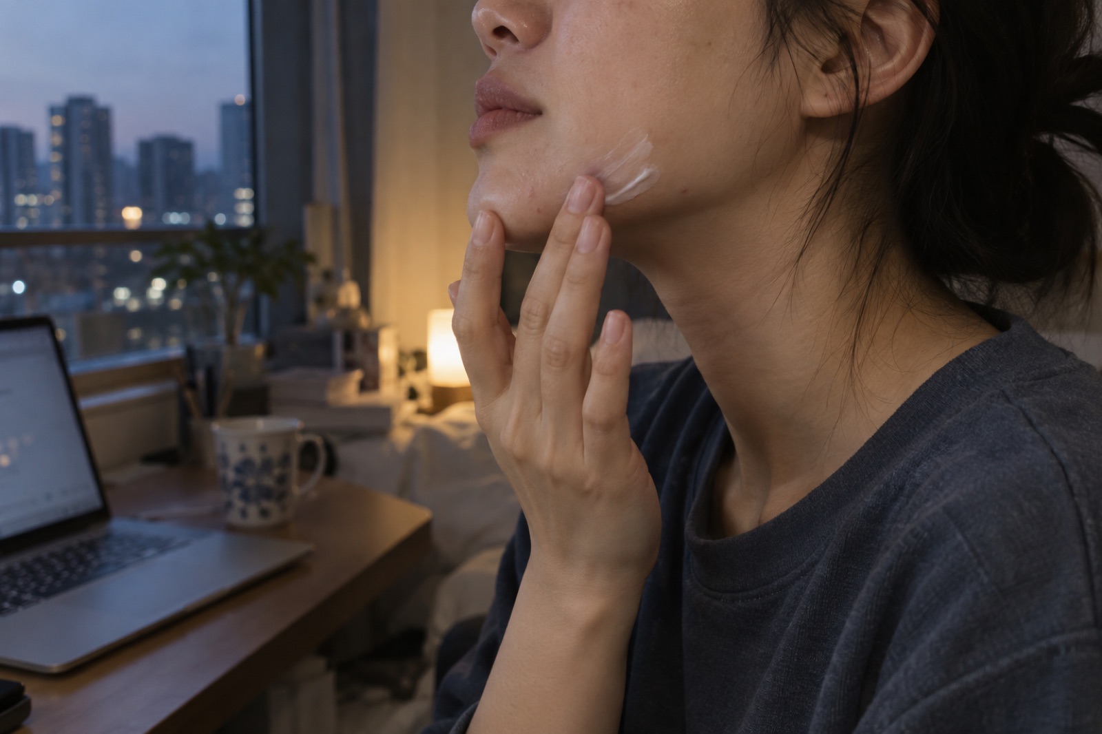 턱선에 작은 트러블이 있는 20대 여성이 가벼운 로션을 바르는 모습