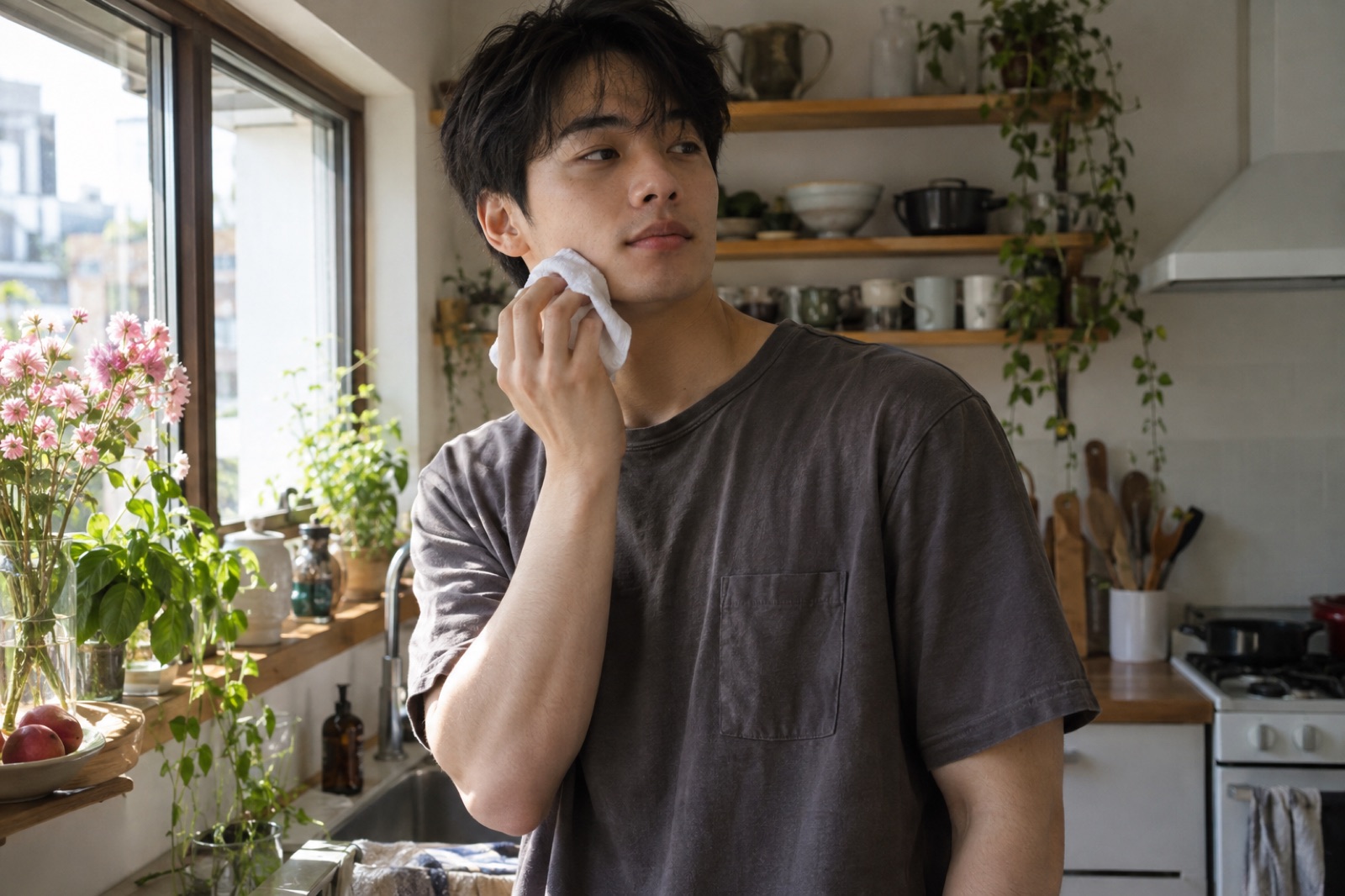 부엌 창가에서 얇은 면 손수건에 싼 얼음을 턱선에 살짝 대는 20대 남성