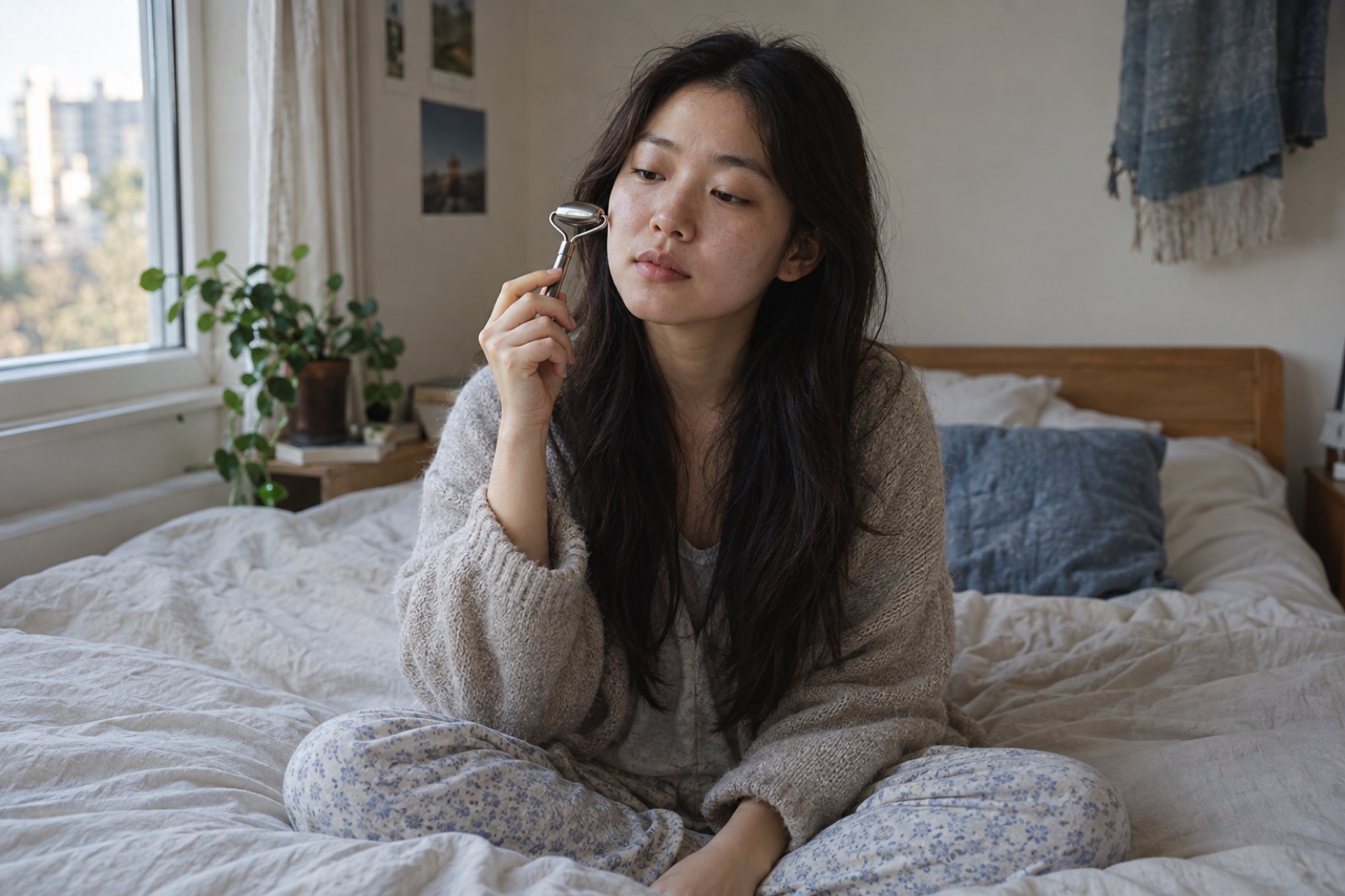 침대 창가에서 볼 옆에 금속 롤러를 든 20대 여성의 옆얼굴