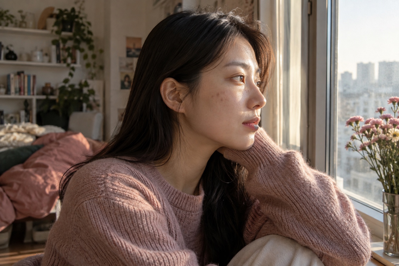 창가 햇빛 속 볼에 옅은 갈색 자국이 있는 여성의 옆얼굴