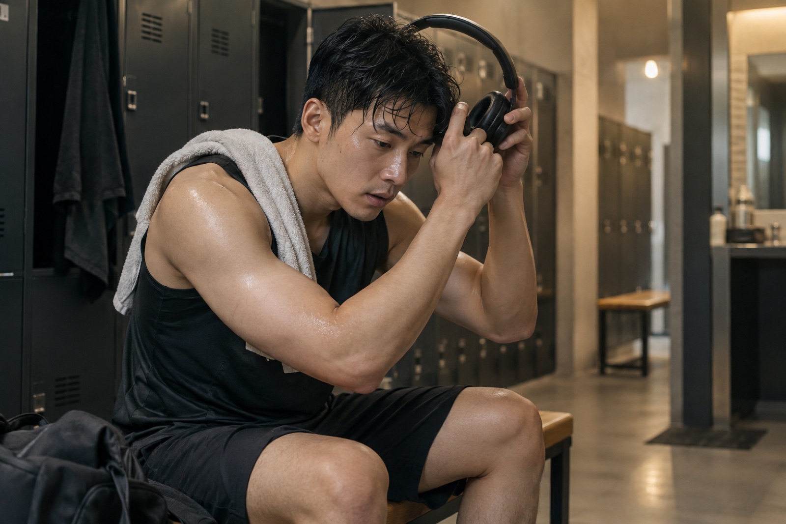 운동 뒤 헤드폰을 벗는 20대 남성의 관자놀이 땀